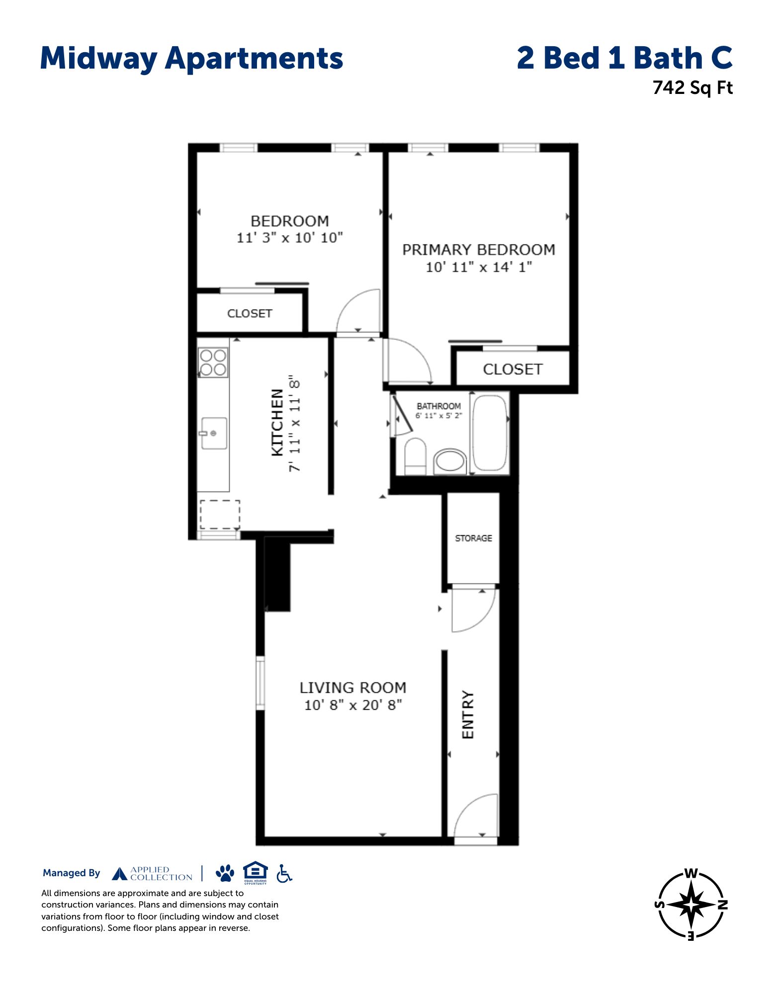 Floor plan for 2 beds, 1 bath, 742 sqft